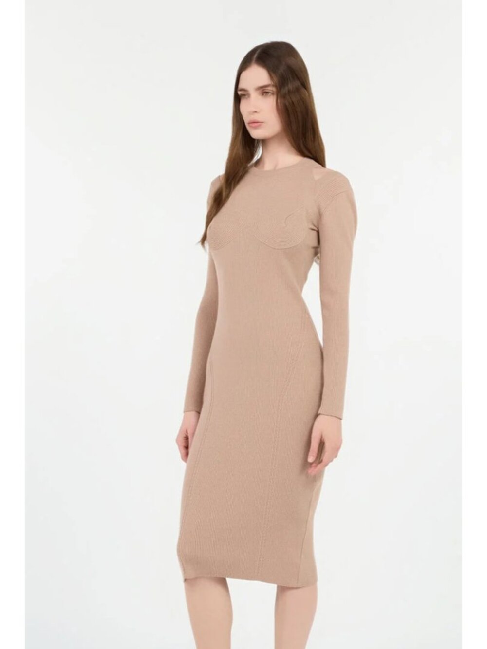 NWT Roberto Cavalli Women's Cut-Out Ribbed Midi Dress Beige 42